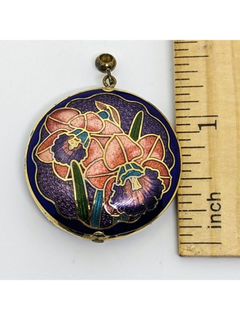 Vintage Cloisonne Daffodil Circle Pendant Pink Purple Floral 80s Enamel Retro - Picture 2 of 2